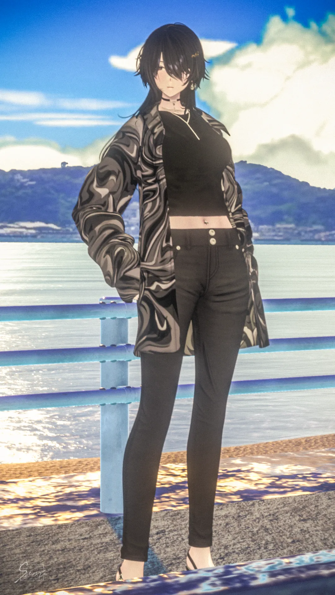 玲來　柄シャツ＆スキニージーンズ