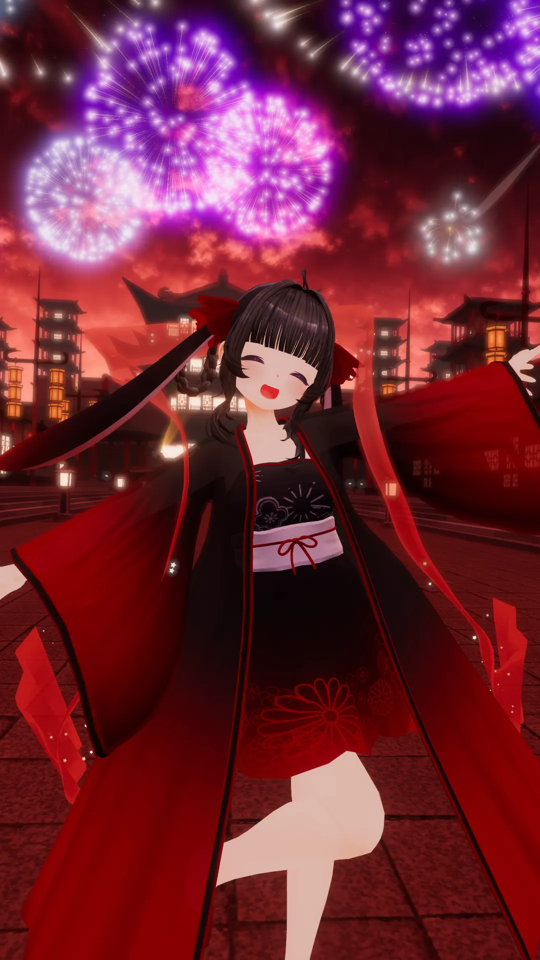 打ち上がる花火と漢服の少女